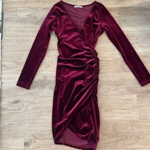 Burgundy Velvet Wrap Ruched Bodycon Dress XS
